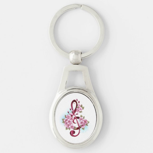 Musical treble clef notes with Sakura flowers Key Ring (Front)