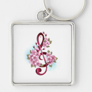 Musical treble clef notes with Sakura flowers Key Ring