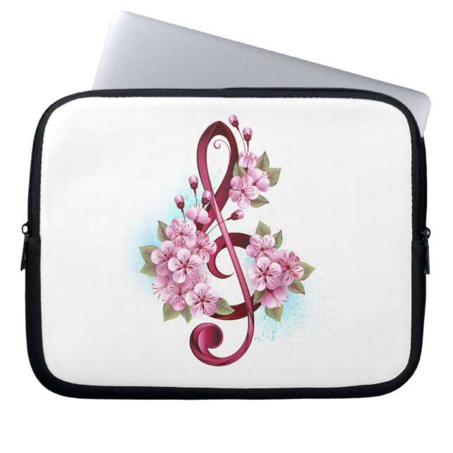 Musical treble clef notes with Sakura flowers Laptop Sleeve (Front)
