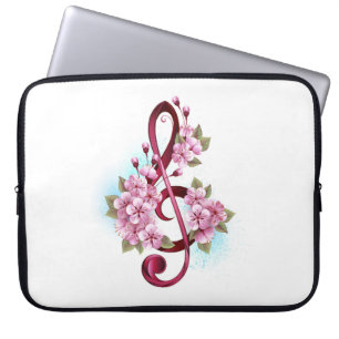 Musical treble clef notes with Sakura flowers Laptop Sleeve