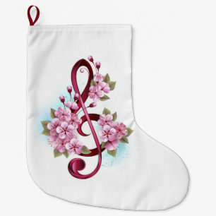Musical treble clef notes with Sakura flowers Large Christmas Stocking