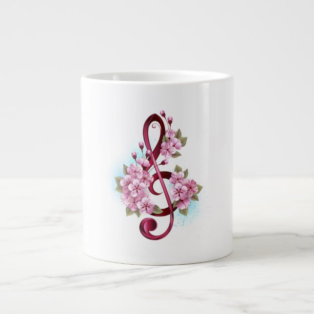 Musical treble clef notes with Sakura flowers Large Coffee Mug (Front)