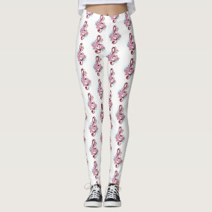 Musical treble clef notes with Sakura flowers Leggings