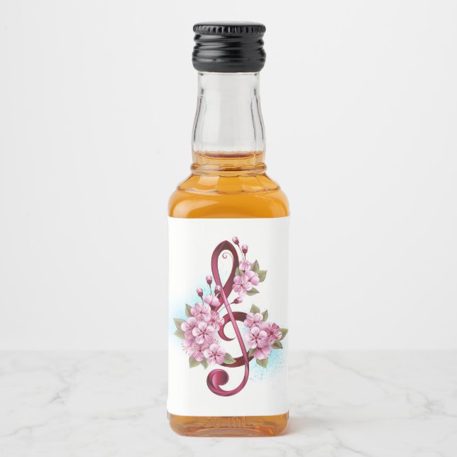 Musical treble clef notes with Sakura flowers Liquor Bottle Label (Front)