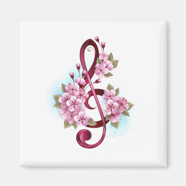Musical treble clef notes with Sakura flowers Magnet (Front)