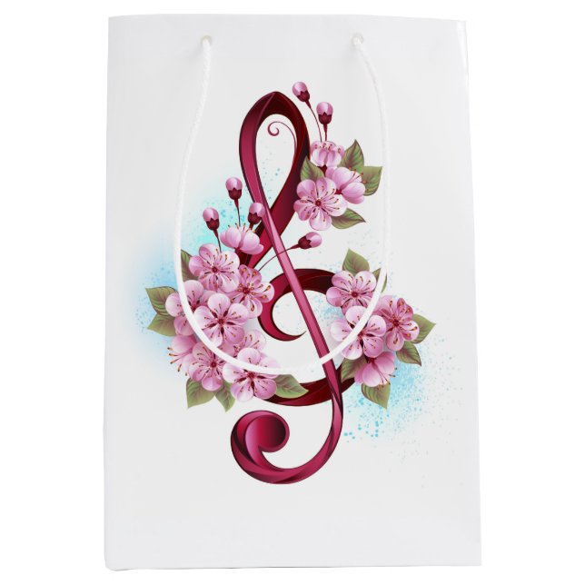 Musical treble clef notes with Sakura flowers Medium Gift Bag (Front)