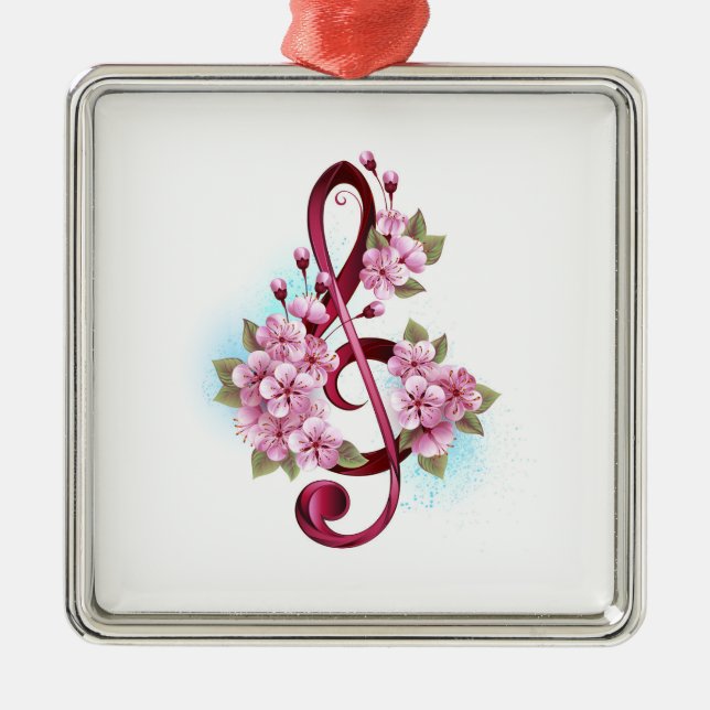 Musical treble clef notes with Sakura flowers Metal Tree Decoration (Front)