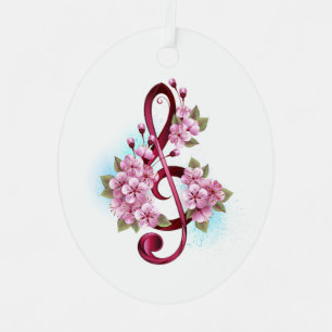 Musical treble clef notes with Sakura flowers Metal Tree Decoration