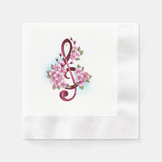 Musical treble clef notes with Sakura flowers Napkin (Front)