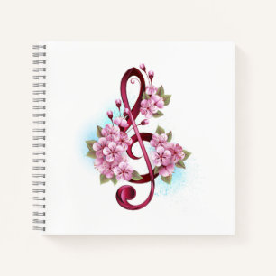 Musical treble clef notes with Sakura flowers Notebook