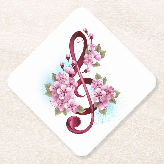 Musical treble clef notes with Sakura flowers Paper Coaster (Front)