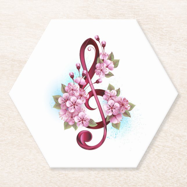 Musical treble clef notes with Sakura flowers Paper Coaster (Front)