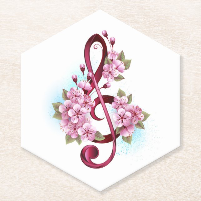 Musical treble clef notes with Sakura flowers Paper Coaster (Front)