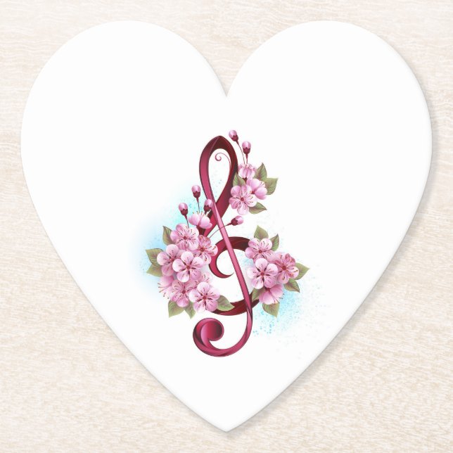 Musical treble clef notes with Sakura flowers Paper Coaster (Front)