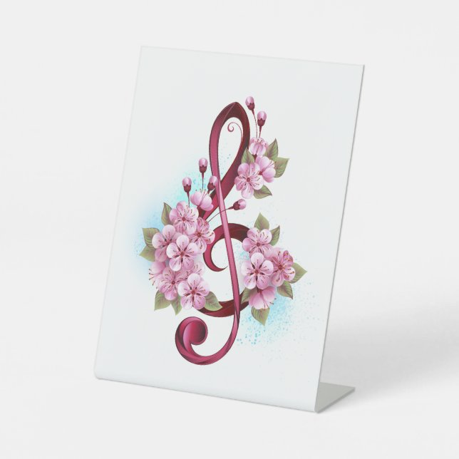 Musical treble clef notes with Sakura flowers Pedestal Sign (Front)