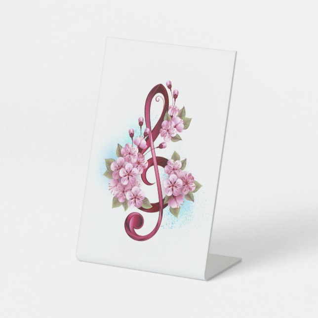 Musical treble clef notes with Sakura flowers Pedestal Sign (Front)