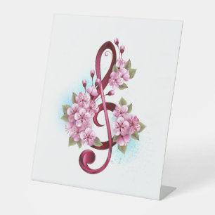 Musical treble clef notes with Sakura flowers Pedestal Sign