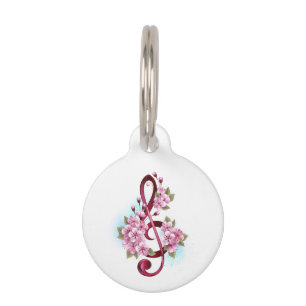 Musical treble clef notes with Sakura flowers Pet Tag