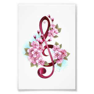 Musical treble clef notes with Sakura flowers Photo Print