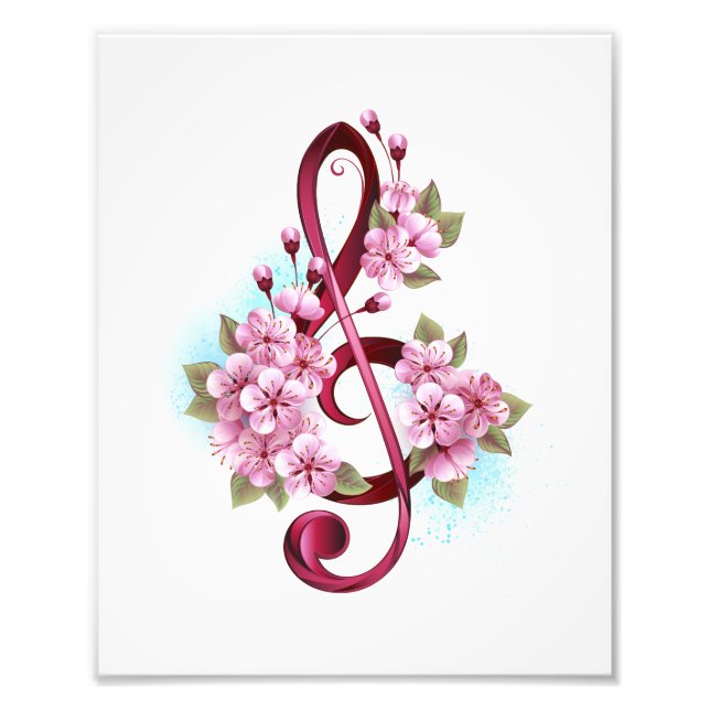 Musical treble clef notes with Sakura flowers Photo Print (Front)