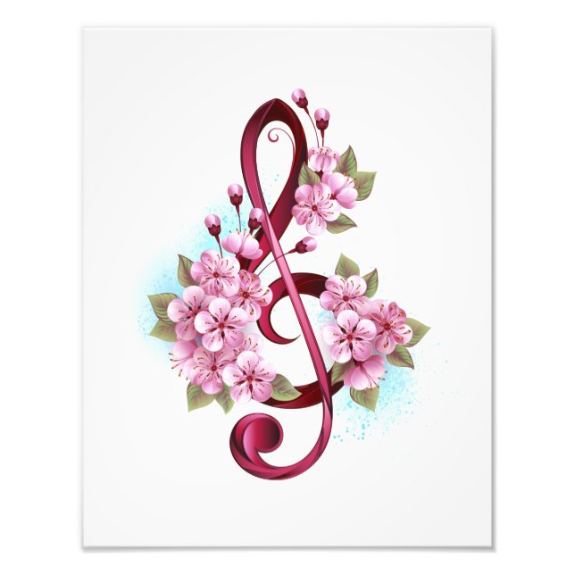 Musical treble clef notes with Sakura flowers Photo Print (Front)