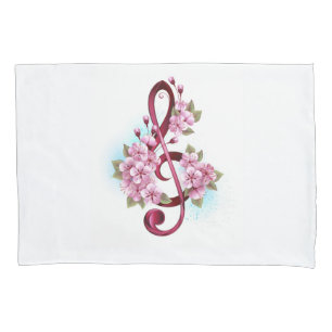 Musical treble clef notes with Sakura flowers Pillowcase