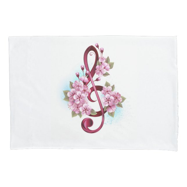 Musical treble clef notes with Sakura flowers Pillowcase (Front)