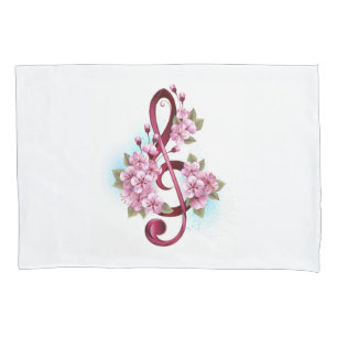 Musical treble clef notes with Sakura flowers Pillowcase