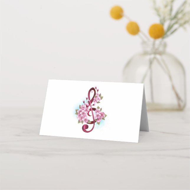 Musical treble clef notes with Sakura flowers Place Card (Front)