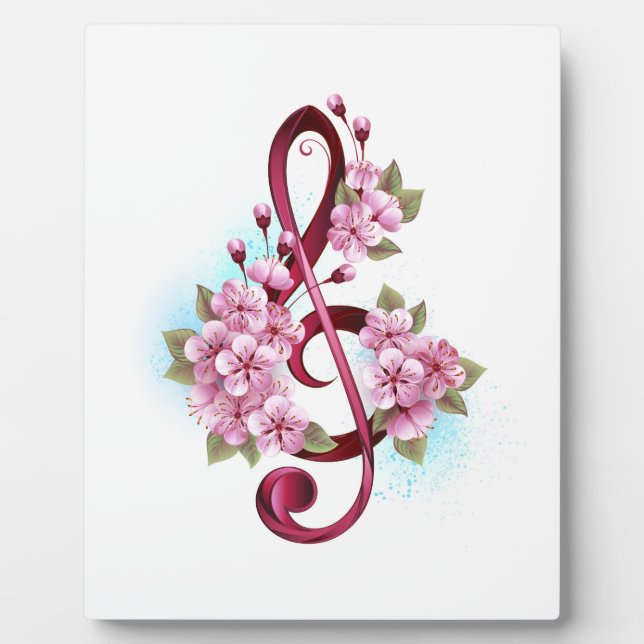 Musical treble clef notes with Sakura flowers Plaque (Front)