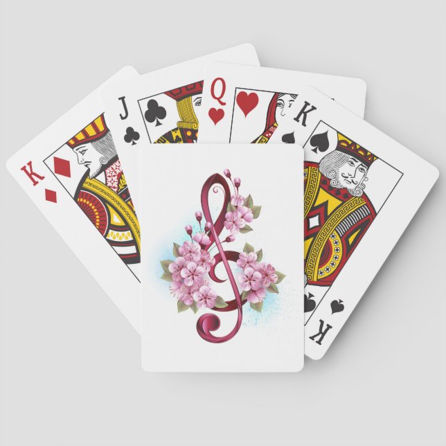 Musical treble clef notes with Sakura flowers Playing Cards (Back)
