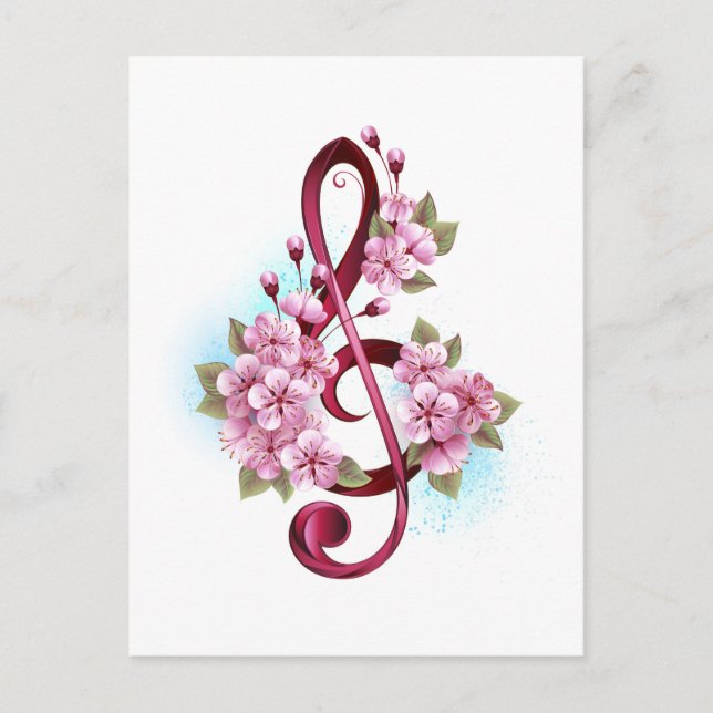 Musical treble clef notes with Sakura flowers Postcard (Front)