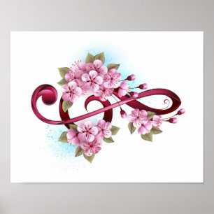 Musical treble clef notes with Sakura flowers Poster