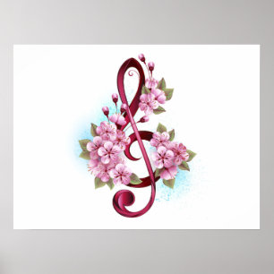 Musical treble clef notes with Sakura flowers Poster