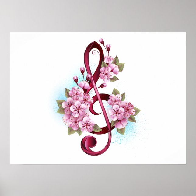 Musical treble clef notes with Sakura flowers Poster (Front)