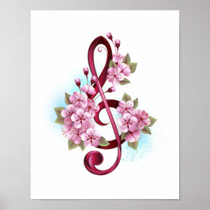 Musical treble clef notes with Sakura flowers Poster