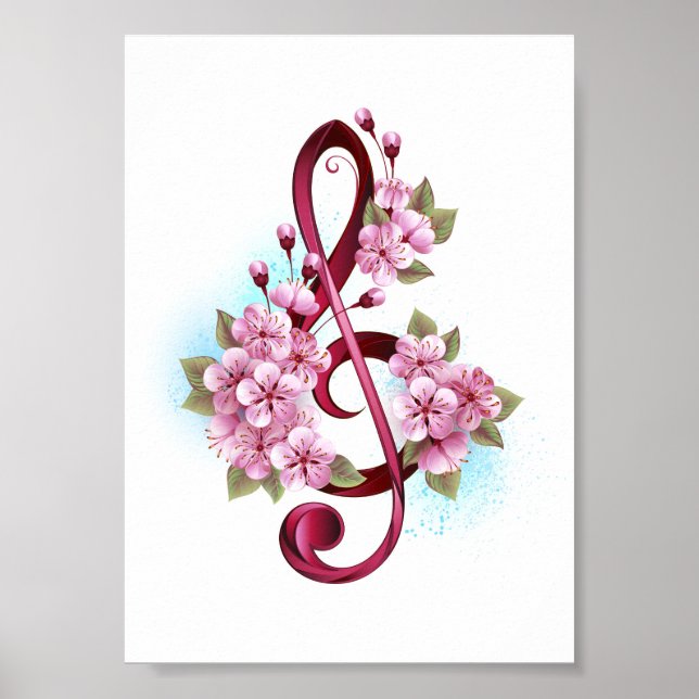 Musical treble clef notes with Sakura flowers Poster (Front)