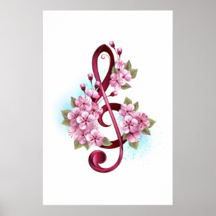 Musical treble clef notes with Sakura flowers Poster