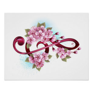 Musical treble clef notes with Sakura flowers Poster
