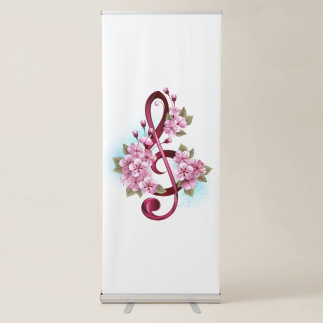 Musical treble clef notes with Sakura flowers Retractable Banner (Front)