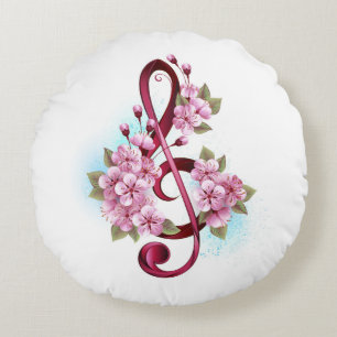 Musical treble clef notes with Sakura flowers Round Cushion