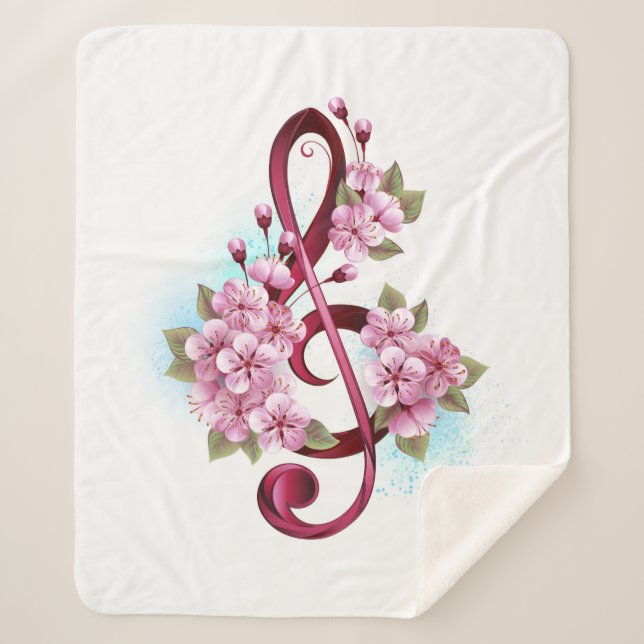 Musical treble clef notes with Sakura flowers Sherpa Blanket (Front)