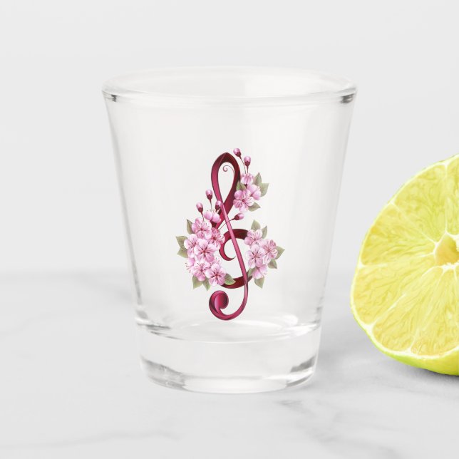 Musical treble clef notes with Sakura flowers Shot Glass (Front)