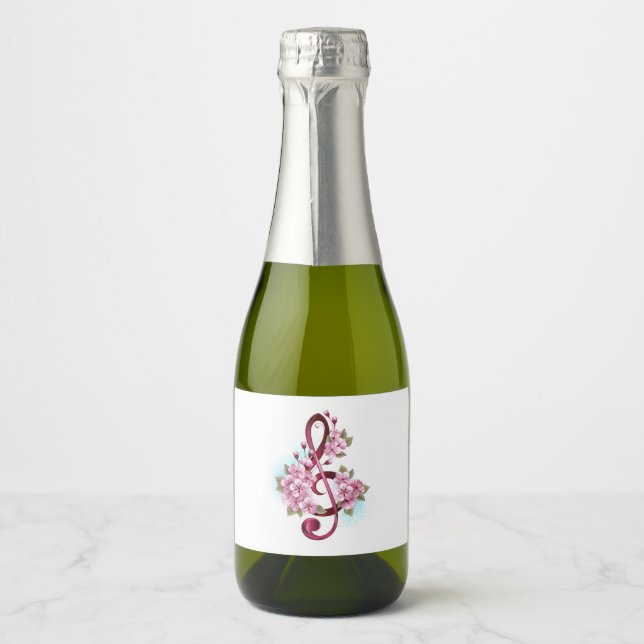 Musical treble clef notes with Sakura flowers Sparkling Wine Label (Front)