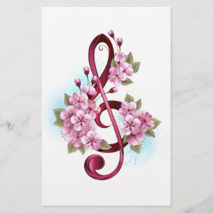 Musical treble clef notes with Sakura flowers Stationery
