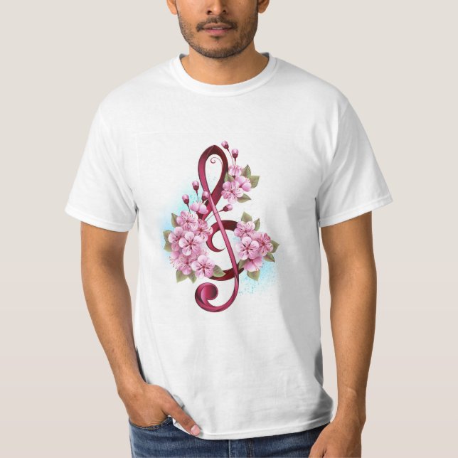 Musical treble clef notes with Sakura flowers T-Shirt (Front)