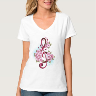 Musical treble clef notes with Sakura flowers T-Shirt