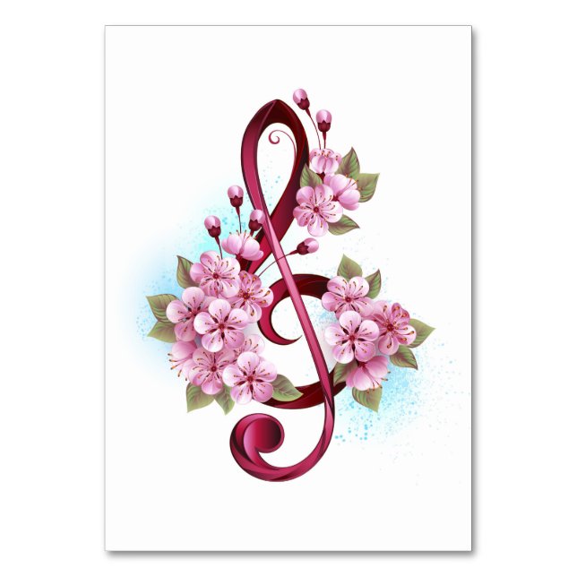 Musical treble clef notes with Sakura flowers Table Number (Front)