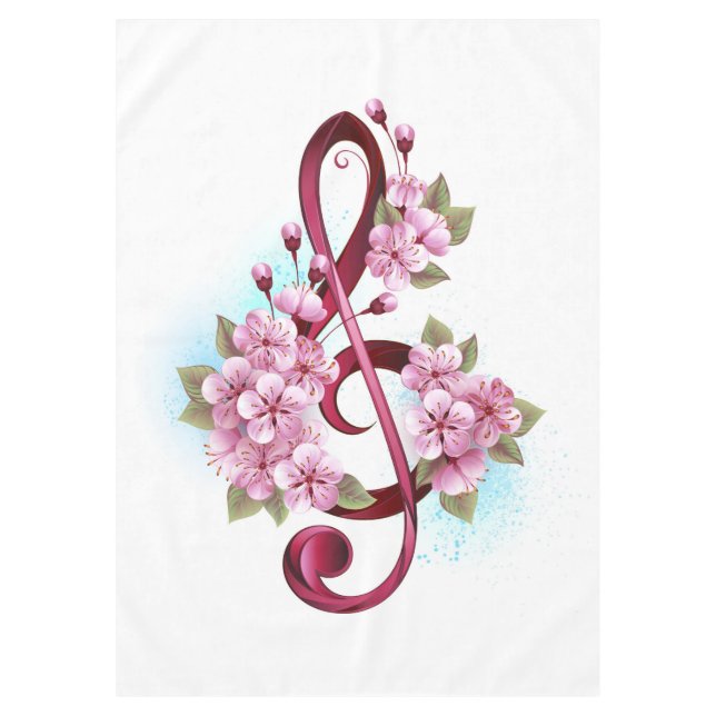 Musical treble clef notes with Sakura flowers Tablecloth (Front)