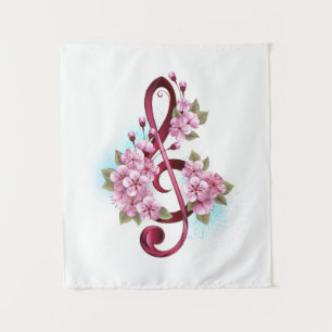 Musical treble clef notes with Sakura flowers Tapestry